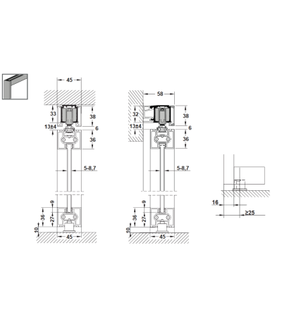 Stumdomų durų sistema su aliuminio profilių komplektu stiklui arba plokštei.